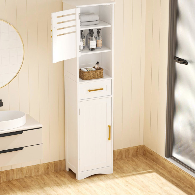 Armoire de salle de bain blanche haute - 1 tiroir, 2 portes, revêtement d'armoire stable