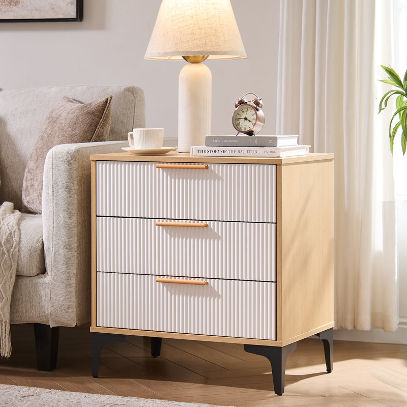 3-Drawer Nightstand,Natural Oak/White,1 Pcs, White/Dark Brown