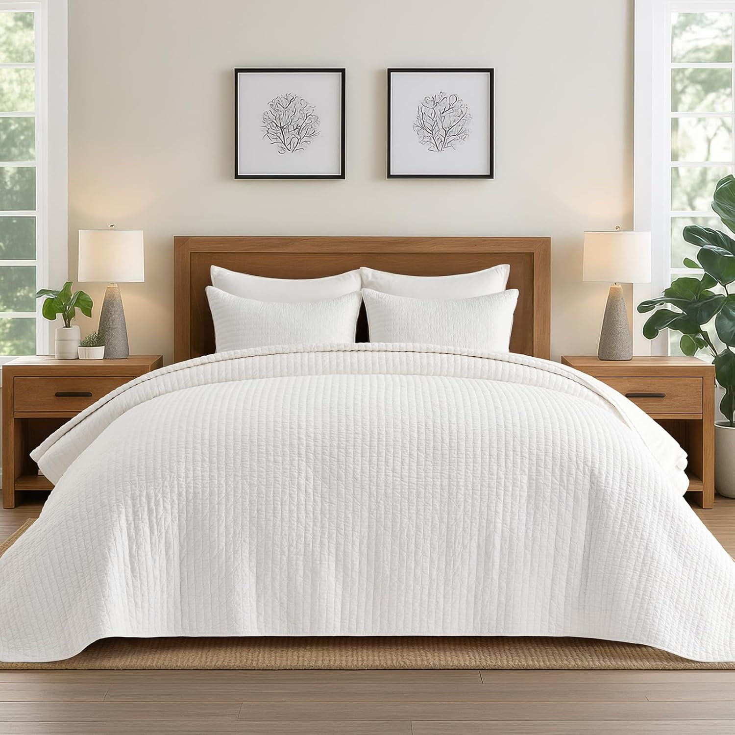 Cross Stitch Cotton Quilt set, King + 2 Shams, Bright White