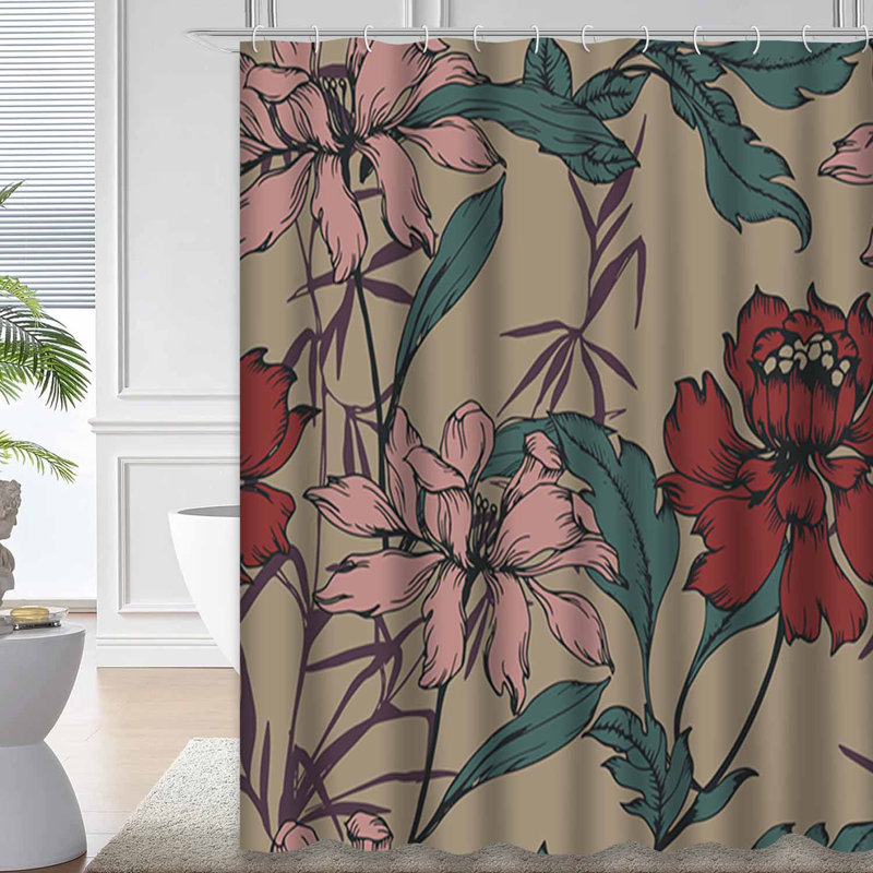 Rideau de douche rétro avec 12 crochets Flora, L 72 po x l 84 po