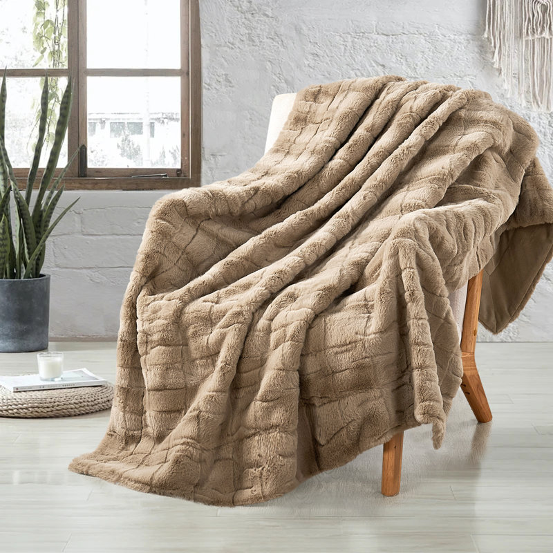 Jeté élégant en fausse fourrure, Taupe clair, L 60 po x L 70 po