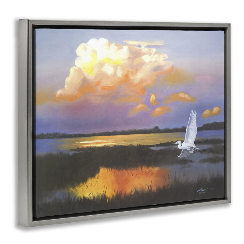 «Egret Over Cloudy Reflection» par D. Rust, H 17 po x l 21 po, Cadre flottant gris lustré