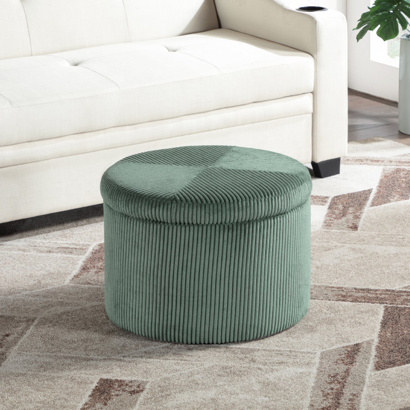Cory 22" W Round Corduroy Shoe Storage Ottoman with Reversible Tray Lid, Dark Sage Green