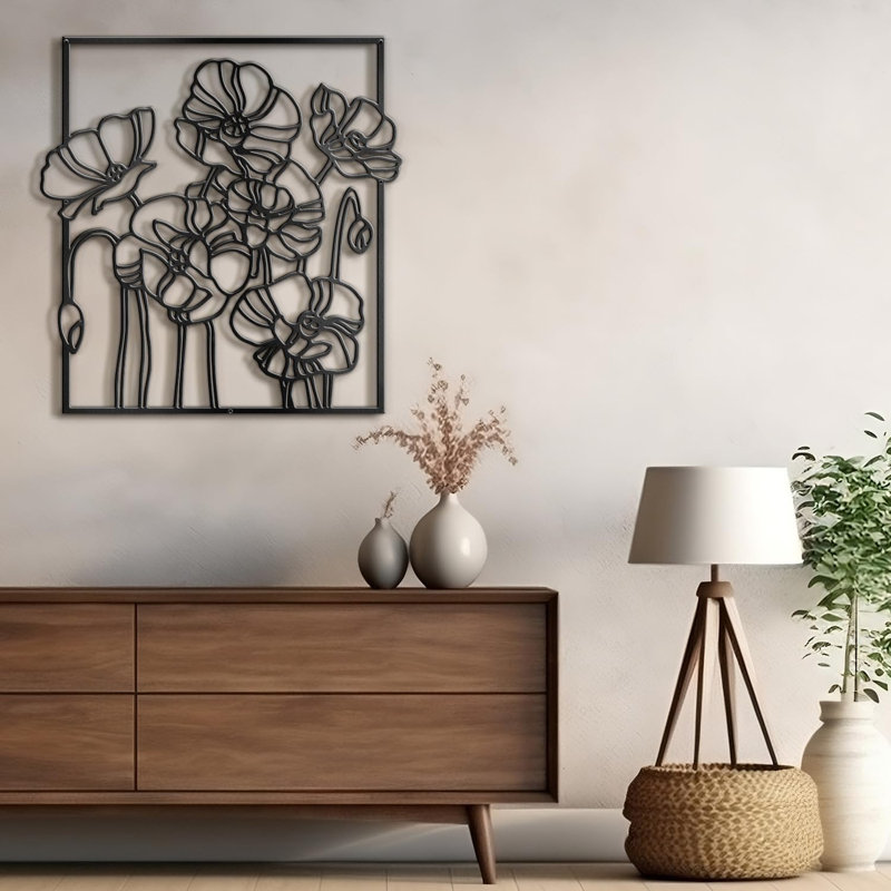 Abstract Floral Line Art Wall Decor Modern Abstract Wall Accent Sculpture Hanging Decoration Metal Wall Decor, Blck
