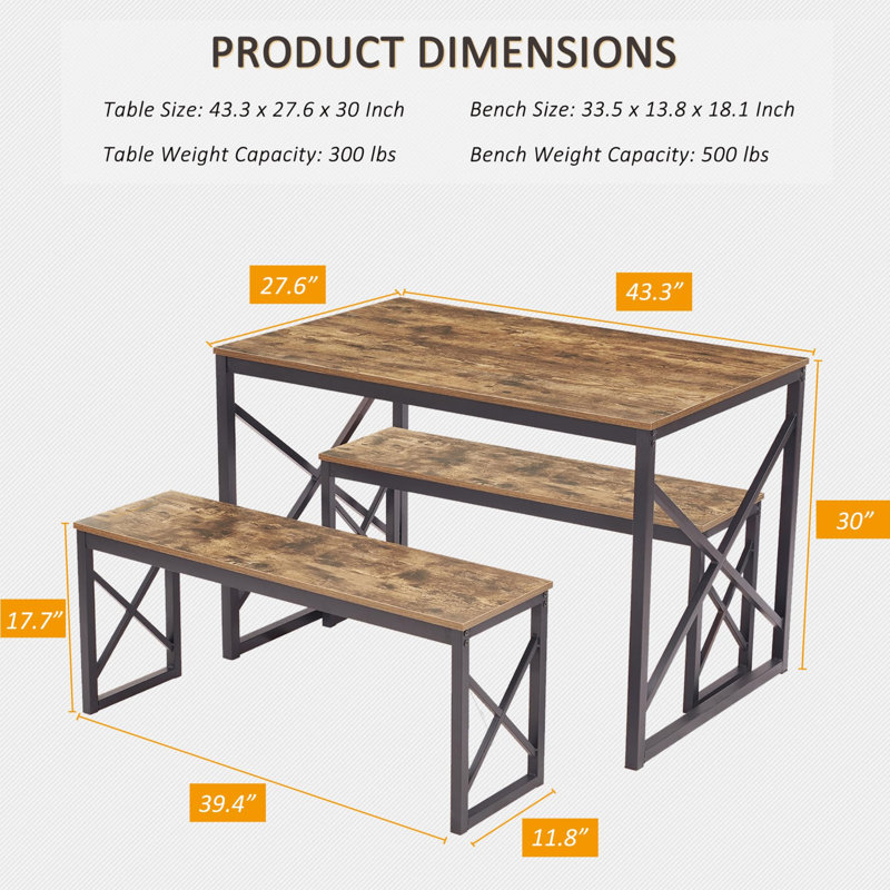 Kitchen Table With 2 Benches For 4, 43.3'' Wood Dining Room Dinette Sets With X Metal Frame For Breakfast Nook And Small Space, Brown