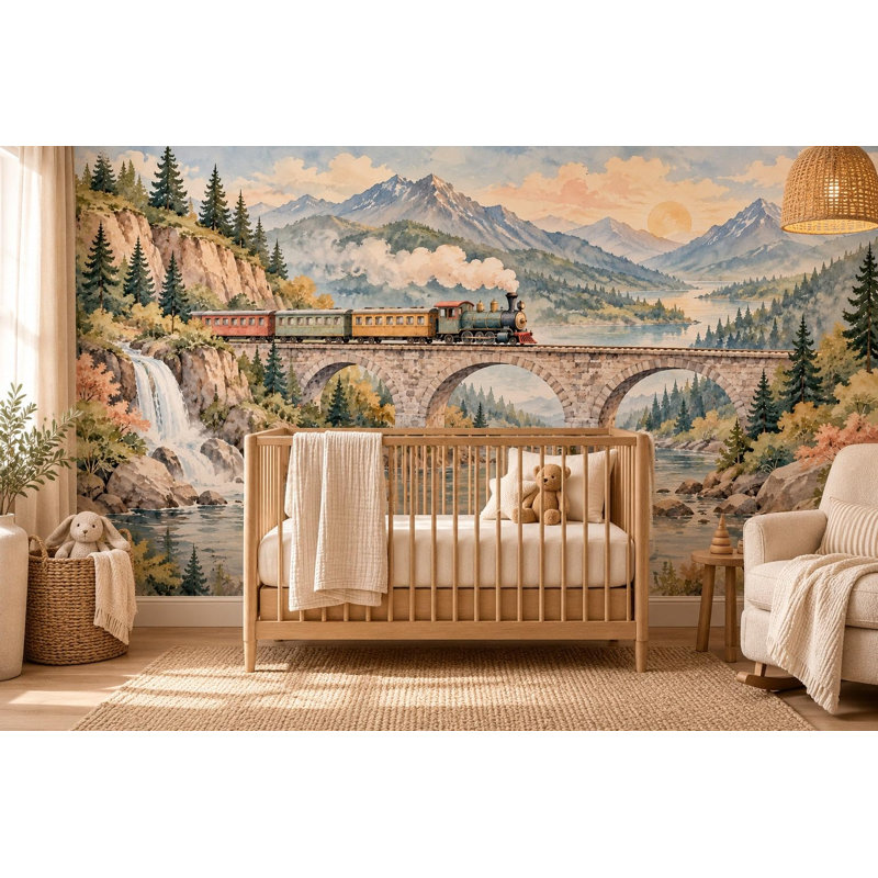 Mountain Bridge Train Wallpaper Mural, Peel and Stick Kids Room Wall Mural, Watercolor Steam Train Nursery Wallpaper
