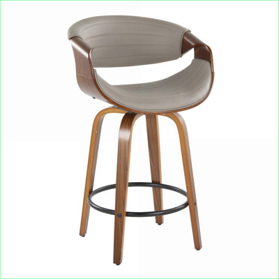 Set of 2 Mid-Century Modern Counter Height Dining Chairs, Walnut Brown Frame Grey Faux Leather Swivel Stools for Adults, Kitchen Island