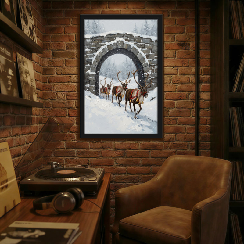 Animaux, équipe de rennes, scène d'hiver enneigée, H 36 po x l 24 po