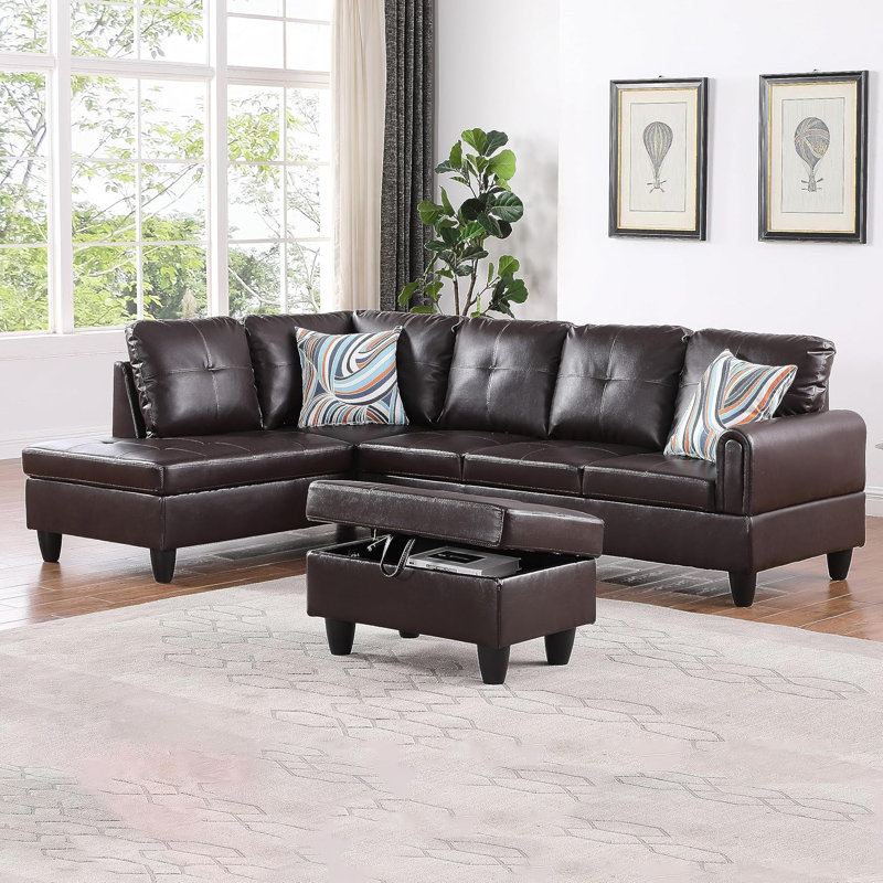 3-Piece Faux Leather Sectional Sofa, Brown Faux Leather