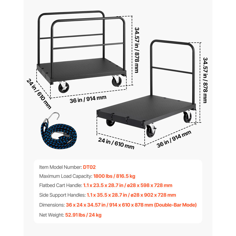 Drywall Cart Dolly 1800 lbs 2-in-1 Steel Panel Truck Cart with 3 Handrails