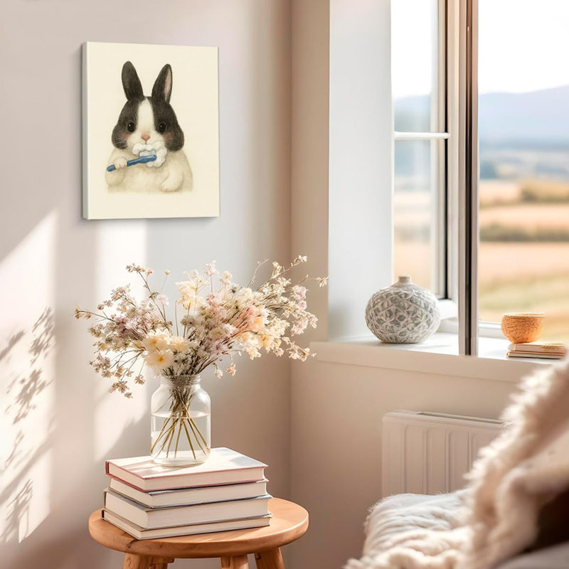 Mignon lapin de Pâques, salle de bain, impression murale, lapin se brossant les dents, peinture sur toile, image de Pâques, décoration murale pour la salle de bain des enfants, encadré de 8 po x 10 po