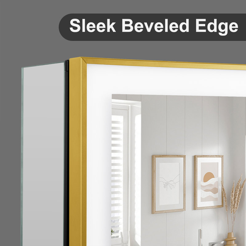 Gold Framed Lighted Medicine Cabinet with Mirror, Recessed/Surface, Plug-in/Hardwired, Outlets+USBs, 3 Colors/Dimmer/Inner Sensor Light/Defog, Left-hinged