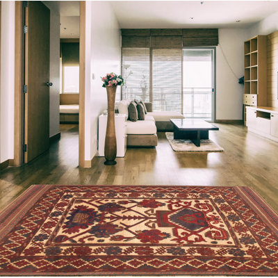 Tapis unique en laine noué à la main 6 pi 4 po x 9 pi 4 po nouvel âge Jitske ivoire / rouge / vert