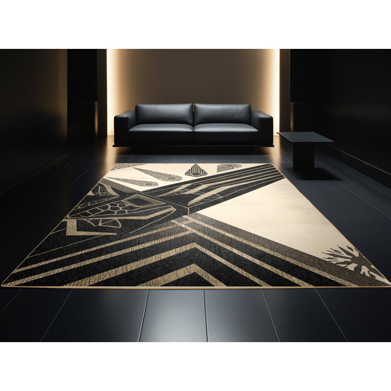 Tapis noir art déco lavable à la machine Titus Khepri Starburst - reliure brun clair, 5 x 7