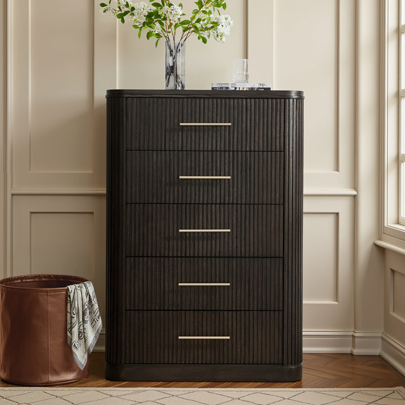 Graciana Modern 54.25" Fluted 5-Drawer Chest Oak Grain Finish with Solid Wood Base, Black