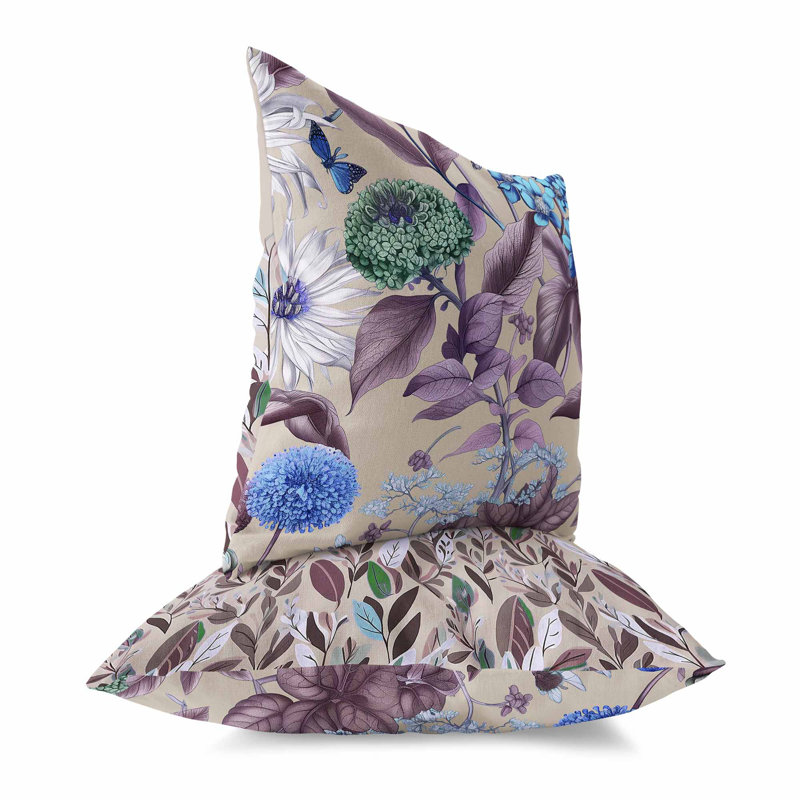 Coussin décoratif Garden Gracefulness Broadcloth, H 26 po x l 26 po, Bleu / mauve / taupe
