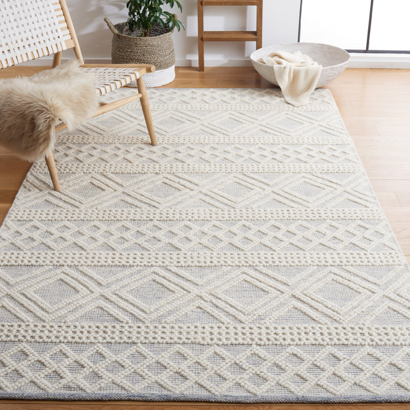 Jacques Hand Woven Wool/Cotton Southwestern Rug in Ivory/Blue, Rectangle 8' x 10'