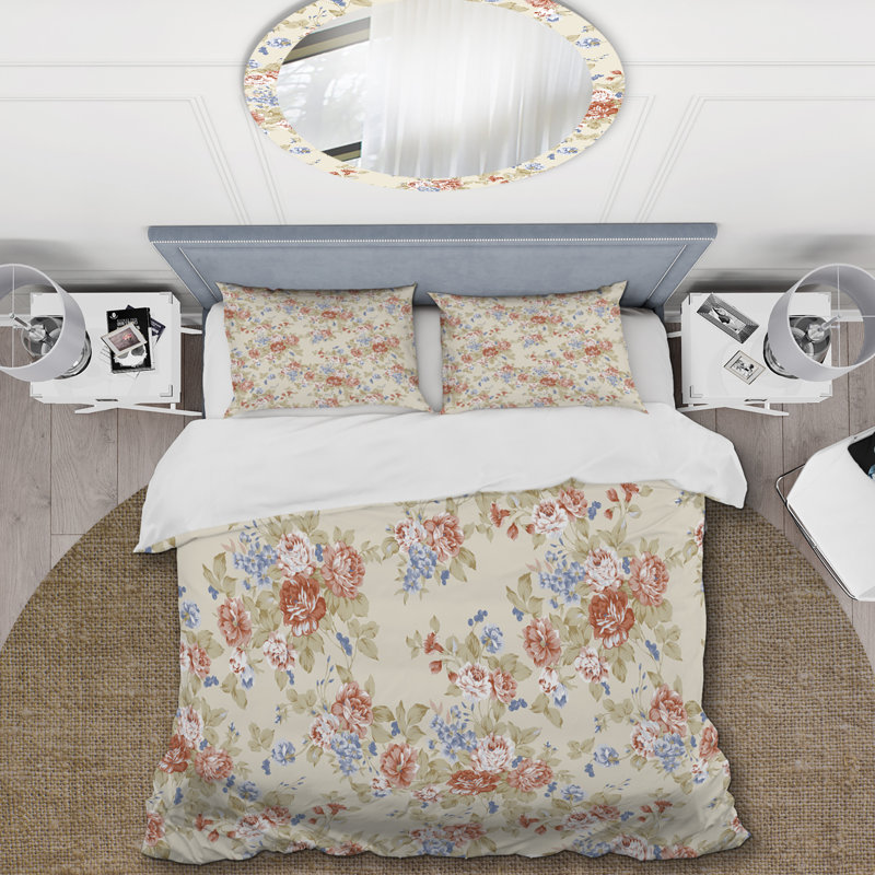 Feuilles et fleurs crème - Ensemble de housse de couette floral - Microfibre de polyester