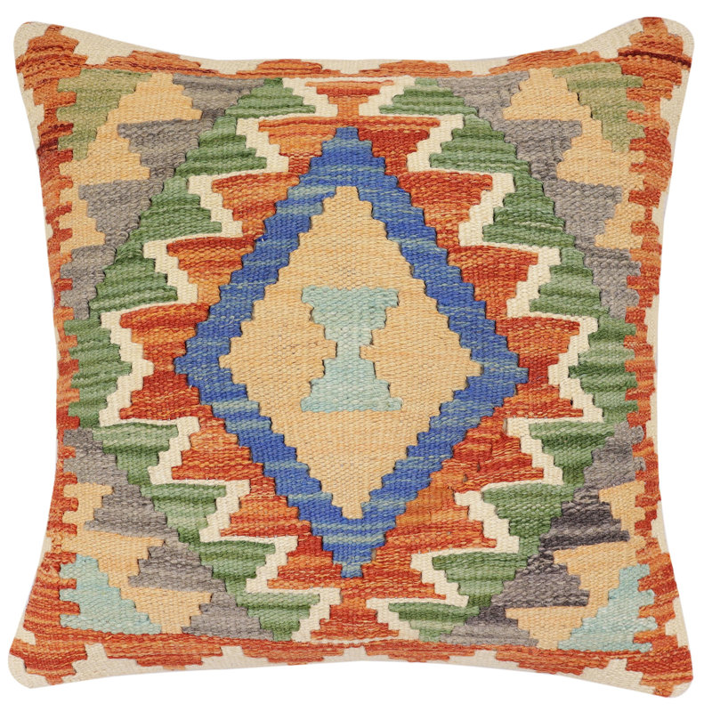 Coussin kilim tissé à la main Southwestern Mathilda, Rouille / bleu / gris / beige, H 19 po x l 18 po
