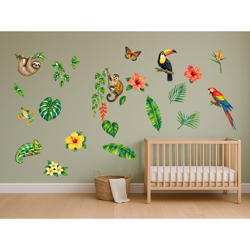 Jungle Sloth And Toucan Wall Decals, Set of 22 Peel and Stick Nursery Wall Stickers, Satin Finish Removable Kids Room Wall Art, 20"W x 20"H (50 x 50 cm)