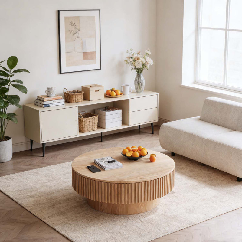 Table basse ronde avec rangement, Bois naturel, 39,37 po L x 39,37 po l x 13,78 po H