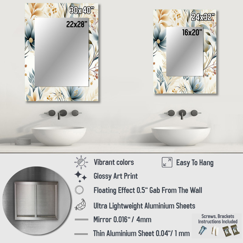 Yaovi Ethereal Neutrals Ii Boho Pattern - Floral Decorative Mirror, Cottage Wall Mirror, Printed Metal Art, 40" x 30"