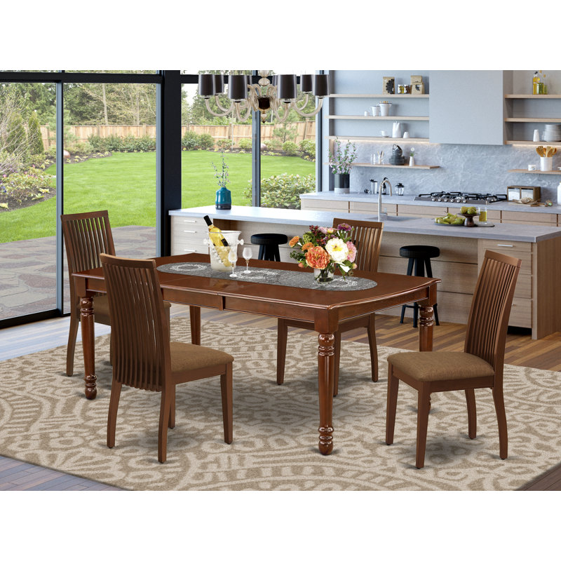 L'ensemble de table de salle à manger 5 pièces pour 4 personnes comprend une table de cuisine rectangulaire avec rallonge papillon et 4 chaises de salle à manger en tissu de lin, 42 x 78 pouces, acajou