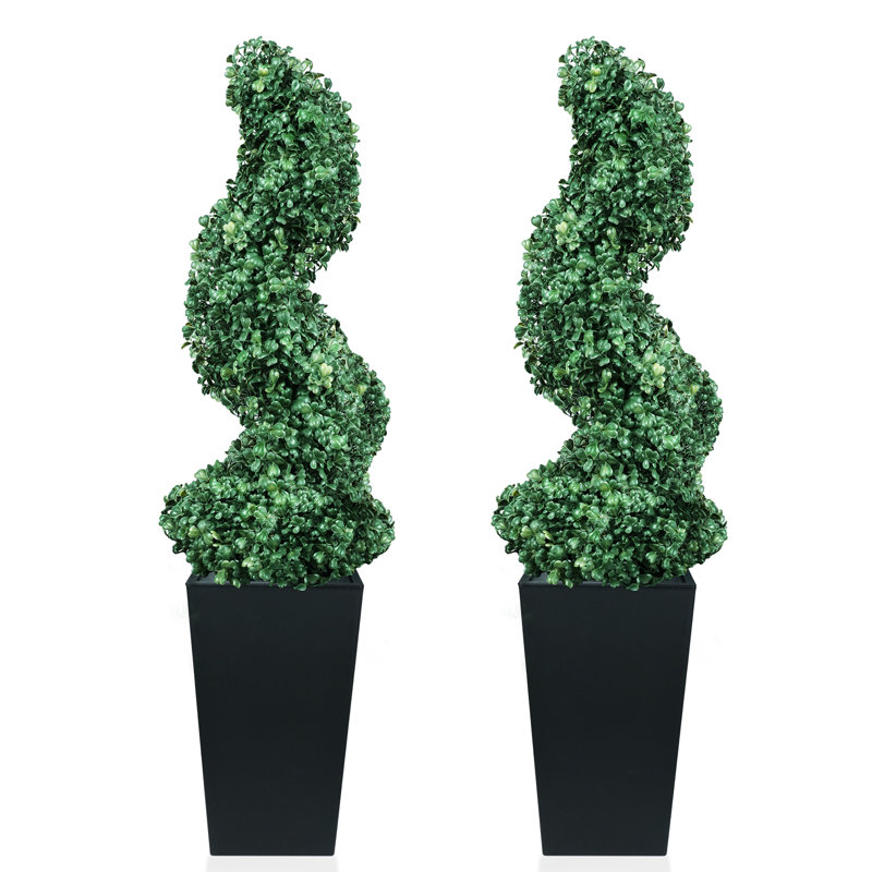 Artificial Boxwood Spiral Topiary Tree with Tall Black Planter, 3ft 2 Pack, 2ft