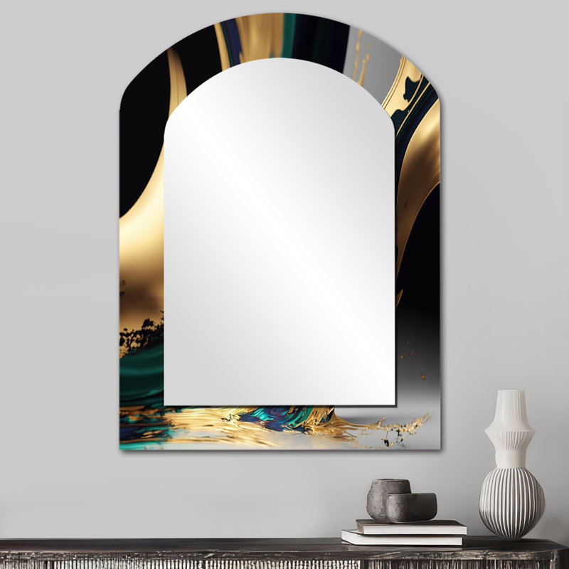 Agate verte et dorée II - miroir décoratif asymétrique transitionnel, grand miroir mural arqué moderne, impression d'art en métal