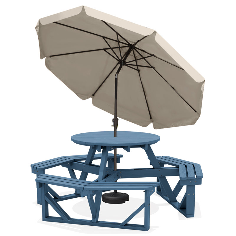 Ensemble de table de pique-nique d'extérieur en HDPE pour 6 personnes Parasol de marché, Navy