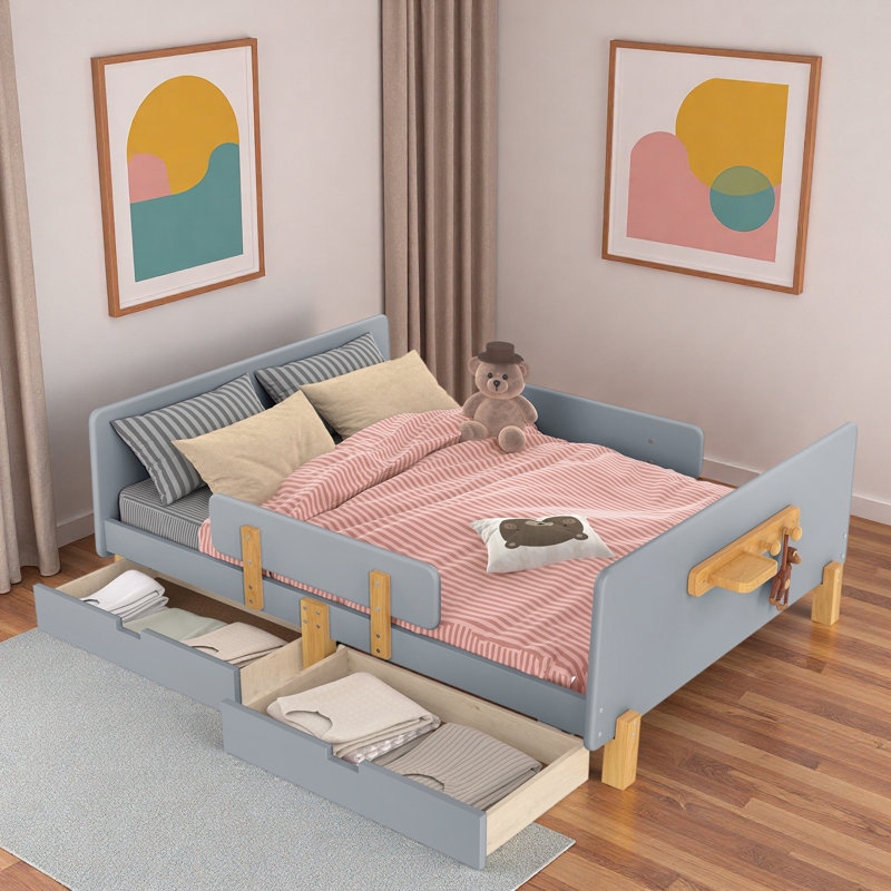 Lit plateforme avec tiroirs de rangement, garde-corps, petite tablette et crochets, Full , Gris