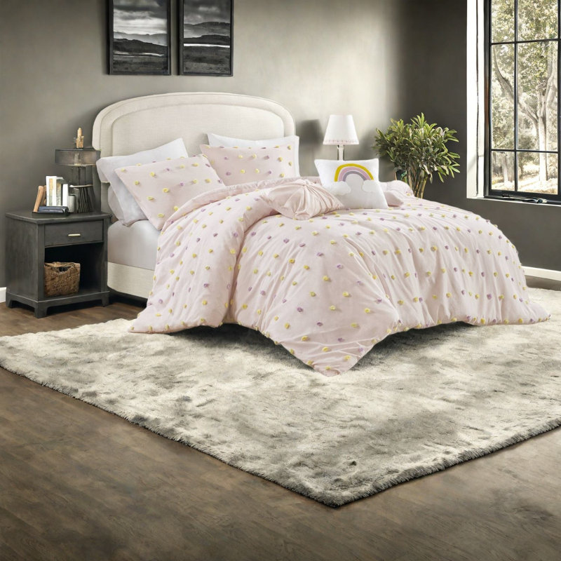 Premium Cotton Full Queen Bedding Sets, Pink Jacquard, Modern Home