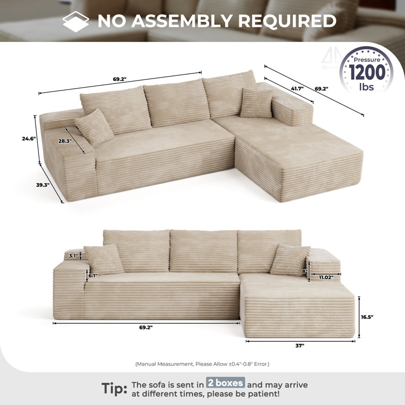 Rita Upholstered L-Shaped Sectional, Beige 100% Polyester, Right Hand Facing