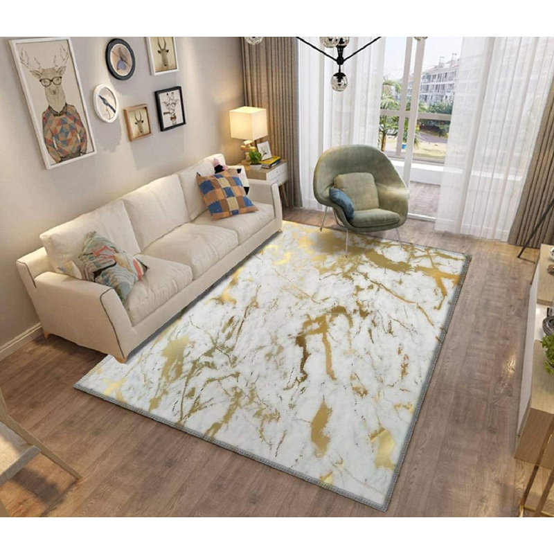 Rectangle Illa Abstract Machine Made Power Loom Rectangle 4' x 5'3" Polyester Indoor / Outdoor Area Rug in Gold Marble