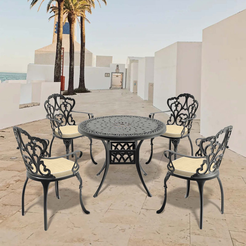 Ensemble de 5 pièces de mobilier de patio en aluminium coulé avec coussins, ensemble de salle à manger classique