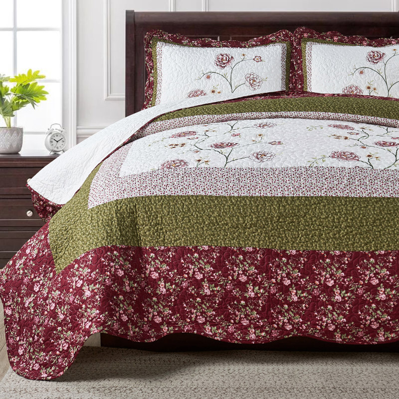 SERENTA Floral Bedspread with Pillow Shams, King Coverlet + 2 King Shams, Burgundy