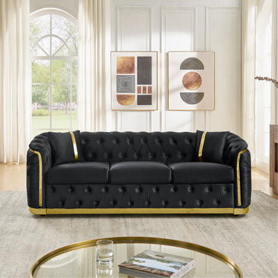 84.6 Inches 3 Seater Mid Century Modern Chesterfield Sofa, Luxury Velvet Black and Gold Couch for Living Room Tufted Couch with Stainless Steel Decoration & 2 Pillows, Black