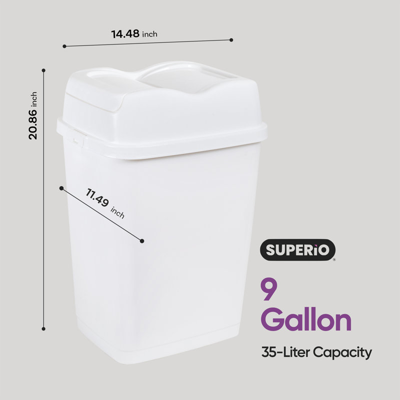 Plastic Trash Can with Swing Lid, 9 Gallon - 35 Litre, White 2 Pack, 9 Gallons, White