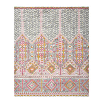 Desousa Hannes Floral Hand-Knotted Wool/Cotton Area Rug in Pink/Grey/Ivory