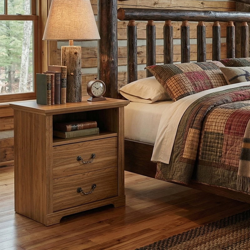 Rustic 22" W Bedside Table Nightstand With 2 Drawers, Open Shelf, Metal Handle Accent, Multi-Color Options, Brown