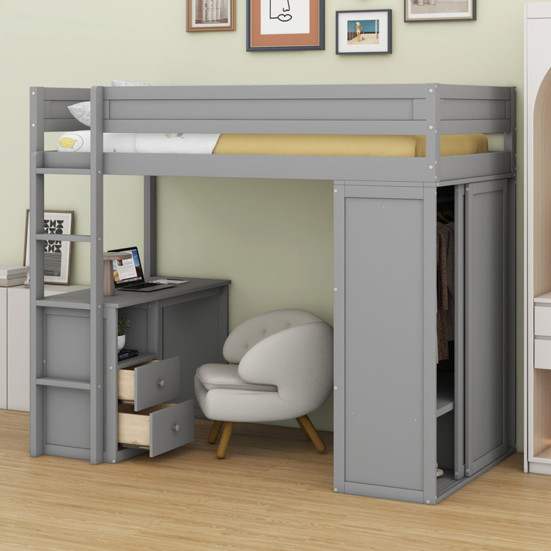 Lit mezzanine avec placards et bureau à 2 tiroirs avec armoire, Gris