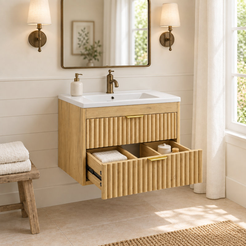 Meuble-lavabo de salle de bain de 61 cm (24 po) avec lavabo encastré en céramique, meuble-lavabo en bois avec rangement dissimulé (sans robinetterie) - Chêne