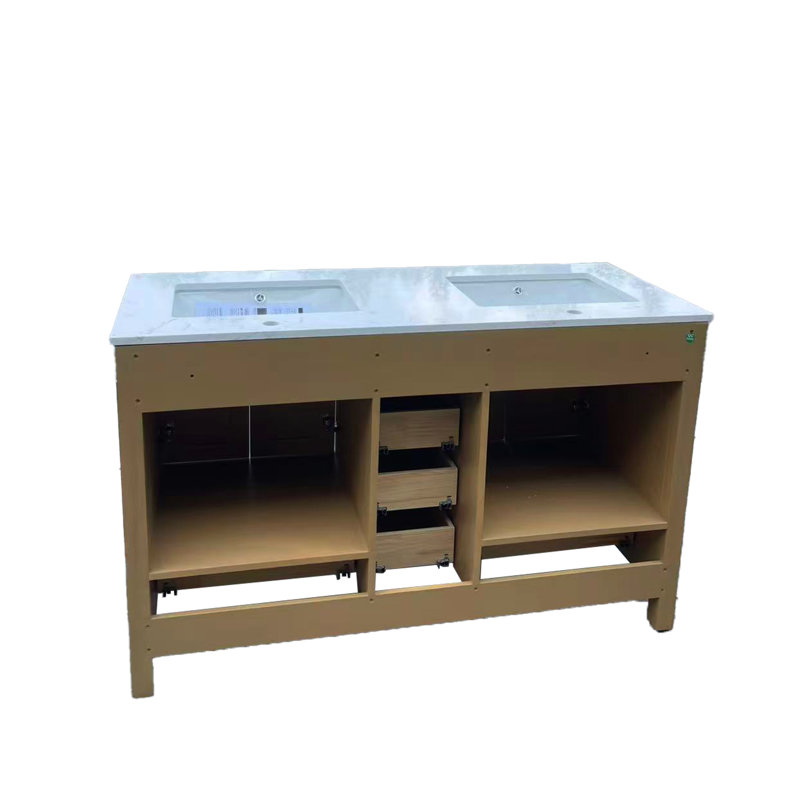 Meuble-lavabo de salle de bain de 55 pouces avec double lavabo et trou pour robinet, meuble-lavabo en chêne avec rangement, 4 portes et 6 tiroirs, comptoirs en céramique, mécanismes de fermeture en douceur pour une meilleure expérience utilisateur, lavabo en céramique.