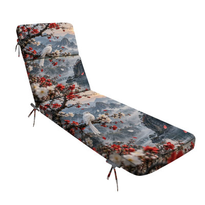 Coussin de chaise longue 72,5 po L × 21 po l × 3 po P (siège) - Motif oiseau blanc, fleurs de cerisier, lever de soleil, branches perchées - Épaisseur : 7,6 cm (3 po) - Résistant aux intempéries - Matelas pour chaise longue, fauteuil inclinable, terrasse, jardin, véranda ou abord de piscine