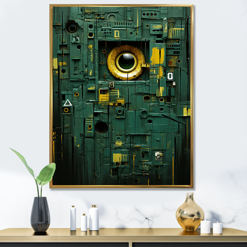 Masque de formes maya vertes abstraites IV - Art mural abstrait, Cadre flottant doré, H 40 po x l 30 po x P 1,5 po
