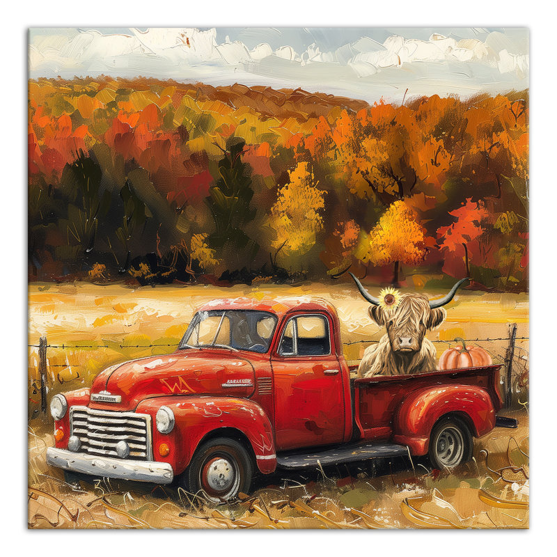 «Fall Red Truck Highland», reproduction sur toile