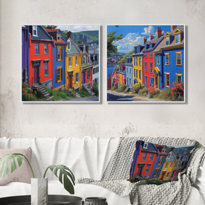 Colourful Canada St John Row maisons in the Summer I - Canada Wall Art - ensemble de 2 décorations murales traditionnelles