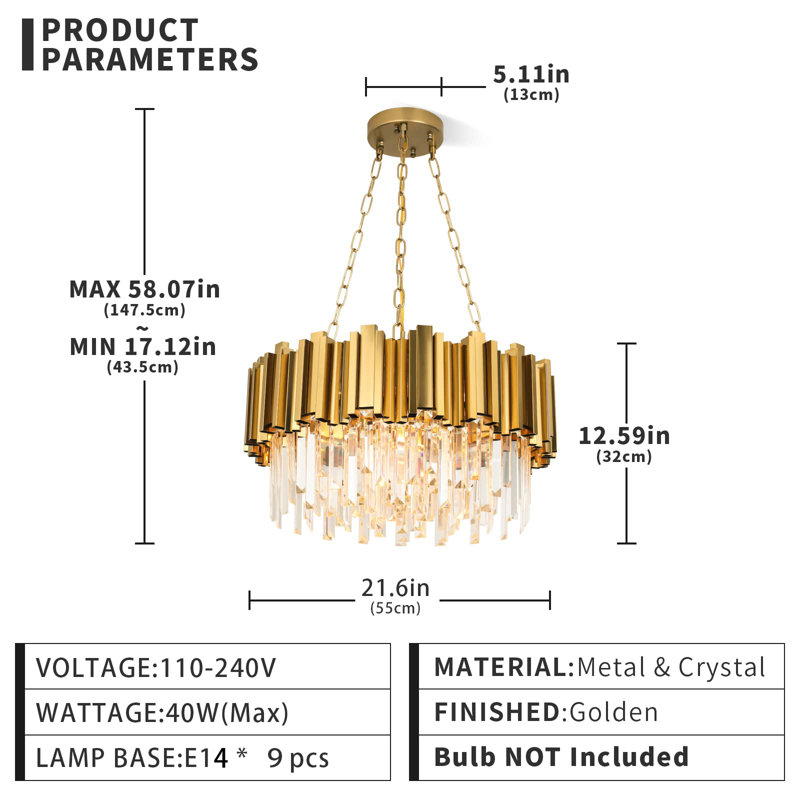 21.6in Luxury Modern Gold Crystal Chandelier, E14 Base, No Bulb Included