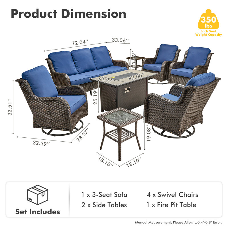 7 - Person Wicker Outdoor Conversation Set, Patio Sofa & Swivel Chair Set with Fire Pit and Cushions