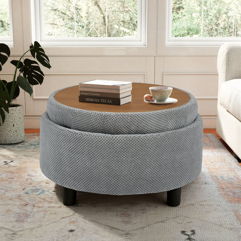 25" Round Storage Ottoman Coffee Table with Reversible Lid, Light Gray